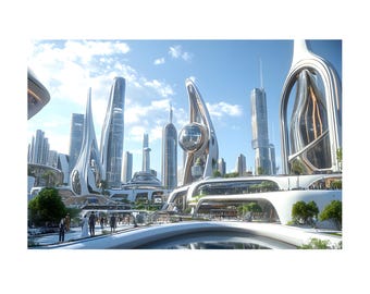 Amazing Futuristic City With Hitech Skyscrapper on Canvas Wall Art Print. Office Decor, Modern Home Decoration, Urban Landscape Poster.