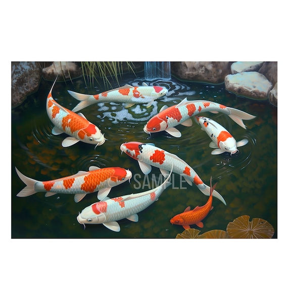 小さな滝のある池で泳ぐ 9 匹の鯉を描いた油絵。キャンバスの壁アート