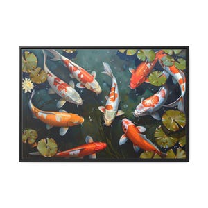 Beautiful view of 9 koi fish swimming in a pond oil painting on canvas wall art print. Nice fish painting for home decor. Feng shui.