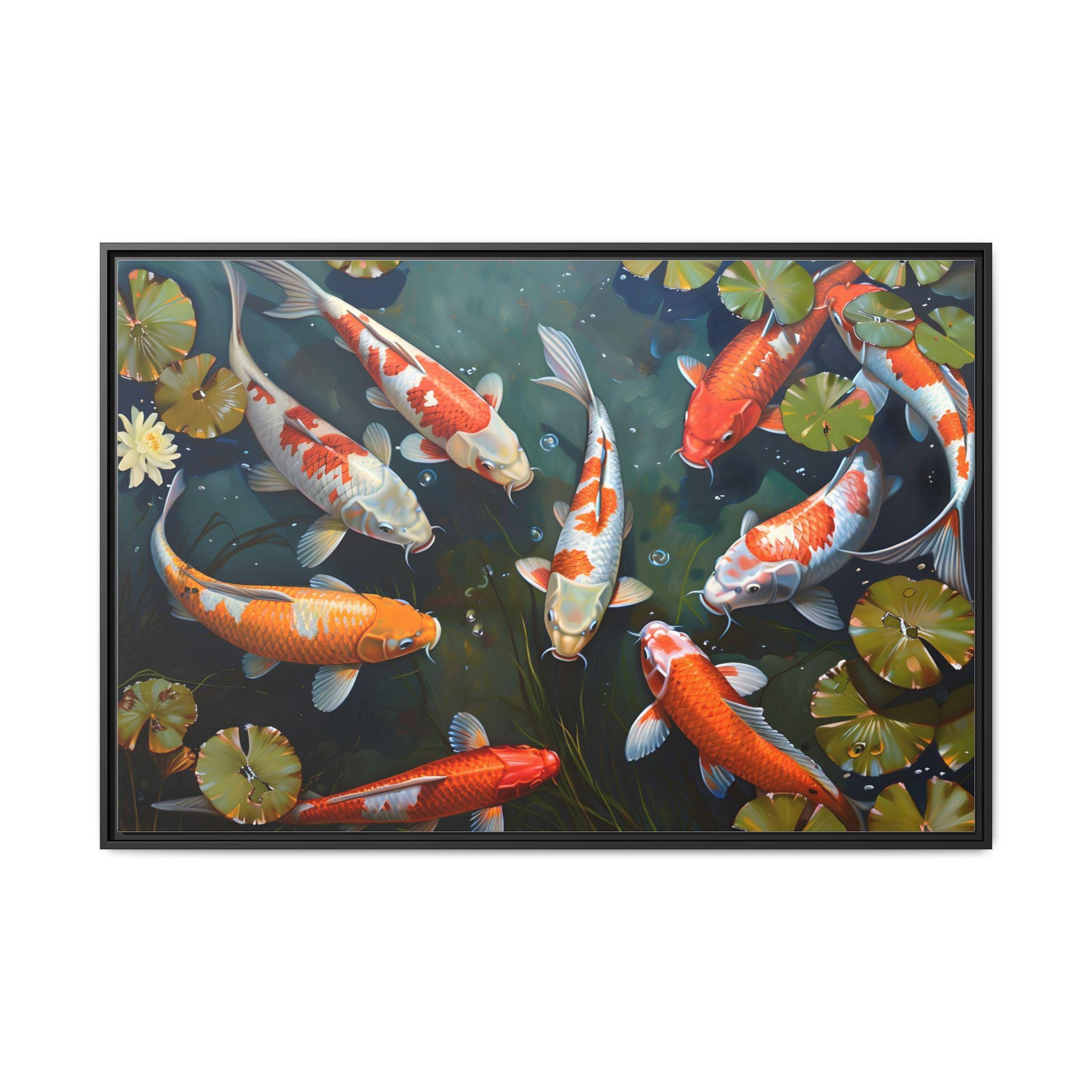 Beautiful View of 9 Koi Fish Swimming in a Pond Oil Painting