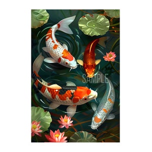 4 koi fish on the pond with lotus flower oil painting on digital download wall art. Beautiful red white koi fish painting for home decor.