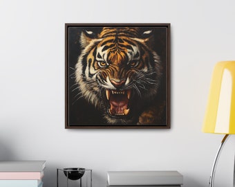 キャンバスに油絵で描いた咆哮する虎のウォールアート。クールな虎を