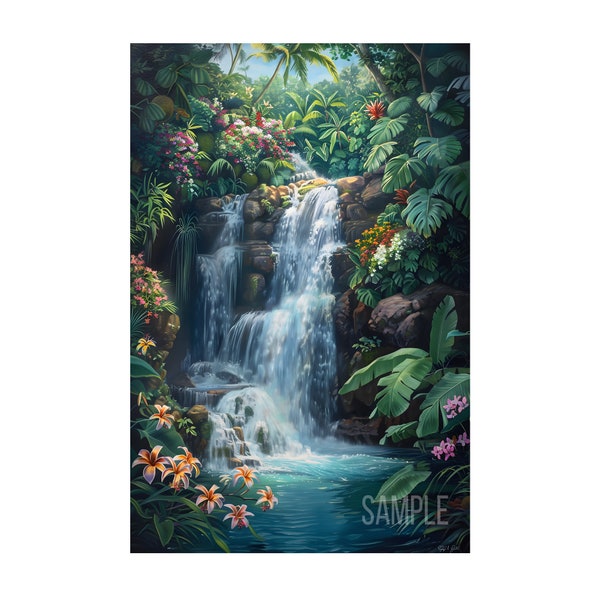Beatiful small waterfall on river surrounded with flowers oil painting on digital download wall art print. Waterfall Poster for Home Decor.
