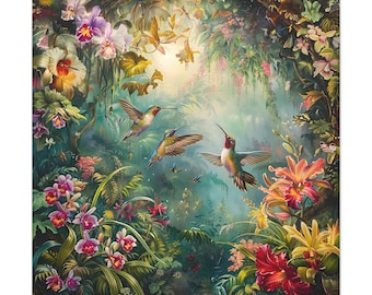3 Hummingbird Flying On Orchid Garden Oil Painting On Canvas Wall Art Print. Green Humming Bird Home Decor As a Gift for Bird Lover.