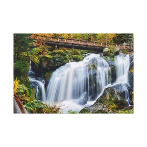 Big Waterfall And The Brdge On Autum Forest On Canvas Wall Art Print. Beautiful Water Fall For Home Decor And Office.