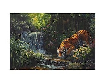 Canvas Wall Art Print - Bengal Tiger Drink Water Oil Painting, Animal Lover Decor, Wildlife Home Decoration, Jungle Cat Poster, Big Cat.
