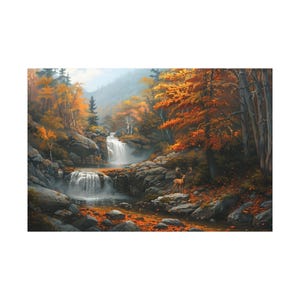 A river landscape oil painting on canvas wall art print. Beautiful art of oil painting landscape of waterfall on river on autumn forest.
