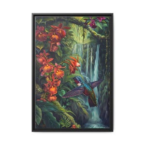 Hummingbird and orange orchid flower on waterfall oil painting on canvas wall art print. Hummingbird painting gift wall decor for bird lover