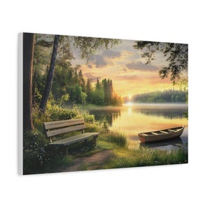 Beautiful Sunrise on the Lake on Canvas Wall Art Print With Forest and ...