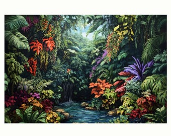 Canvas Print, Tropical Jungle Rainforest Plants, Oil Painting Wall Art Poster, Home Decor, Lush Botanical Poster