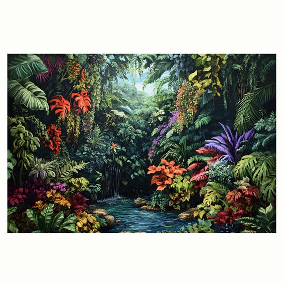 キャンバスプリント、熱帯ジャングルの熱帯雨林の植物、油絵ウォール