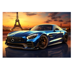 Blue Mercedes AMG GT R with Eiffel Tower in Sunset on Digital Download Wall Art. Cool Mercedes Benz AMG Supercar Poster For Home Decor. Jpg.