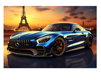 Mercedes AMG GT R blu con Torre Eiffel al tramonto su download digitale Wall Art. Fantastico poster della supercar Mercedes Benz AMG per la decorazione domestica. Jpg.