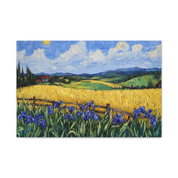 Iris Flower and Wheat Field Landscape Van Gogh Style Oil Painting