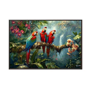 Parrots on the tree with flower arround waterfall on the forest of oil painting on canvas wall art print. Cool Parrot bird as home decor