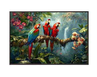 Parrots on the tree with flower arround waterfall on the forest of oil painting on canvas wall art print. Cool Parrot bird as home decor