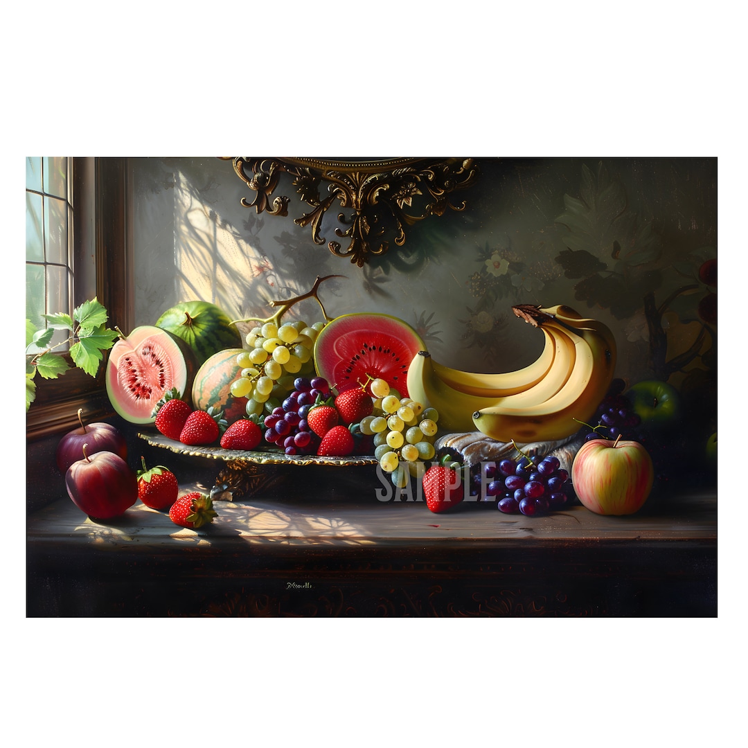 Pintura al óleo digital de frutas tropicales sobre la mesa junto a la  ventana, arte mural. Pintura de plátano, manzana y pomelo para decoración  del ..., image size:1080x1080