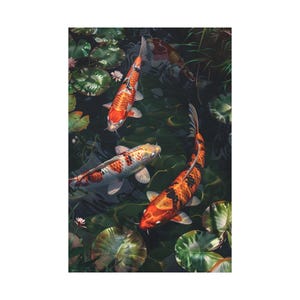 Nice 4 koi fish in the pond oil painting on canvas wall art print. Beautiful fresh water koi fish with lotus flower painting for home decor.