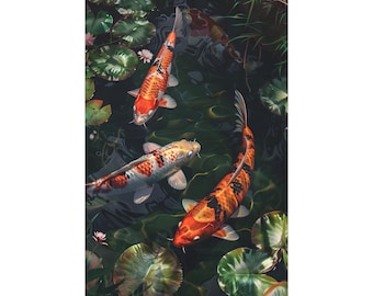 池に浮かぶ4匹の鯉を描いた素敵な油絵（キャンバスウォールアート