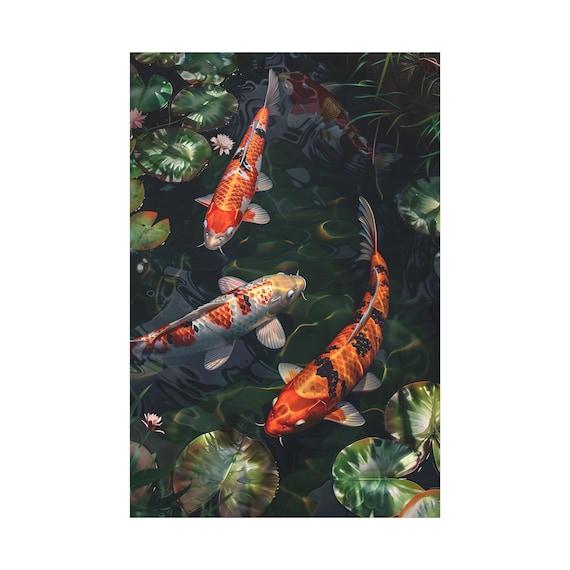 池に浮かぶ4匹の鯉を描いた素敵な油絵（キャンバスウォールアート