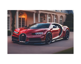 Red Bugatti Chiron Parked On Luxury Hotel at Afternoon On Canvas Print. Cool Bugatti Chiron Super Car Poster Wall Art Good For Home Decor