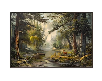 Beautiful wild forest landscape oil painting on canvas wall art print. Nice art of oil painting landscape of river on the pine forest.