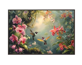 Beautiful Orchid Garden and 2 Hummingbird On Oil Painting On Canvas Wall Art Print. Hummingbird On Flowers Gift for Bird Lover. Home Decor.