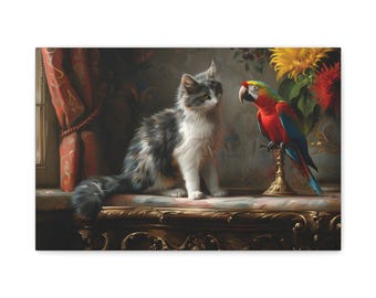 Un gato frente a un loro en la mansión, pintura al óleo sobre lienzo, impresión artística para pared. Una pintura decorativa de una mascota para regalar a los amantes de los gatos.