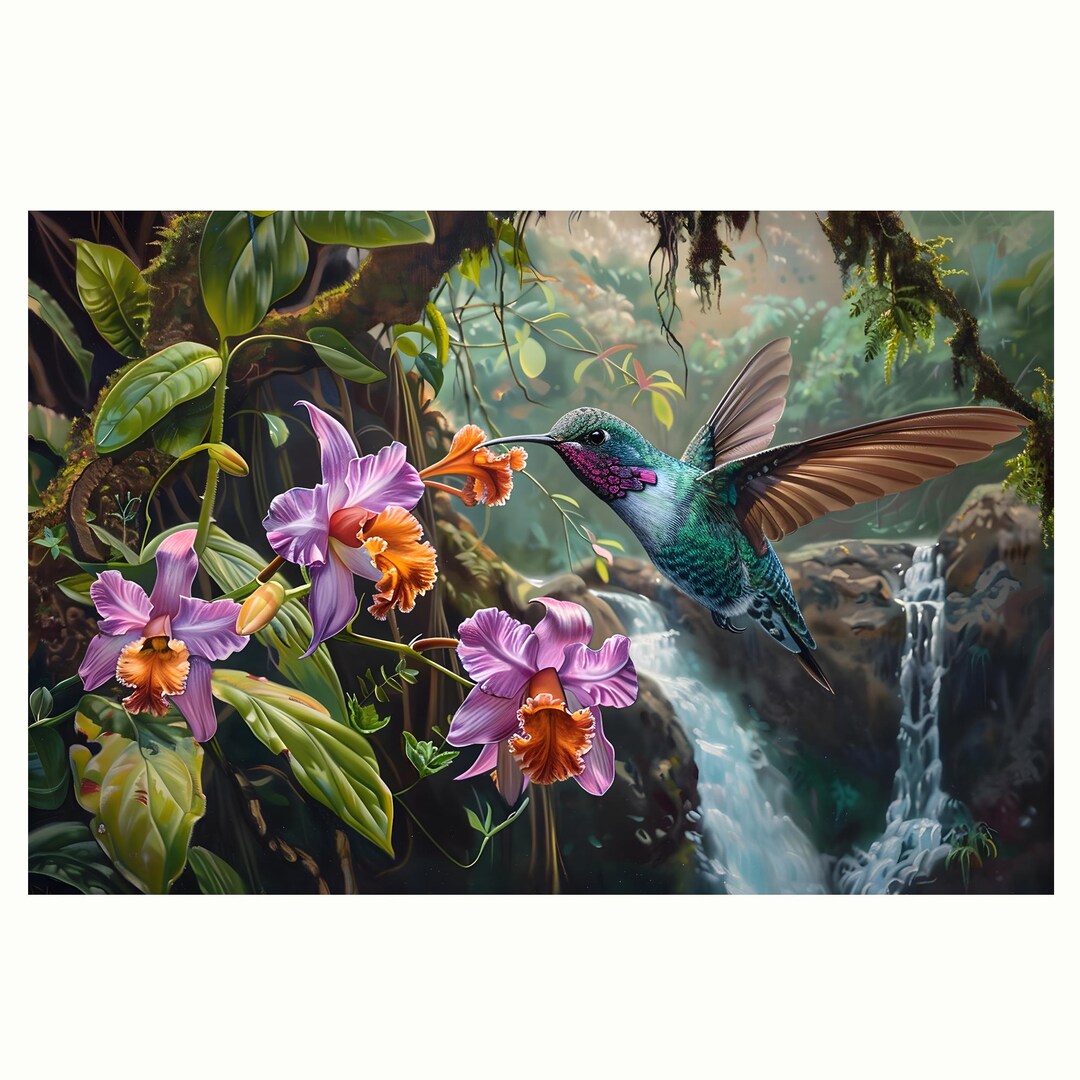 A Hummingbird and Orchid Flowers on the Small Waterfall in the Forest ...
