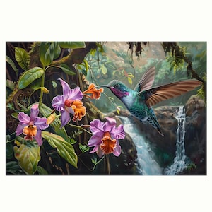 A hummingbird and orchid flowers on the small waterfall in the forest of oil painting on canvas wall art print. Nice gift for bird lover.