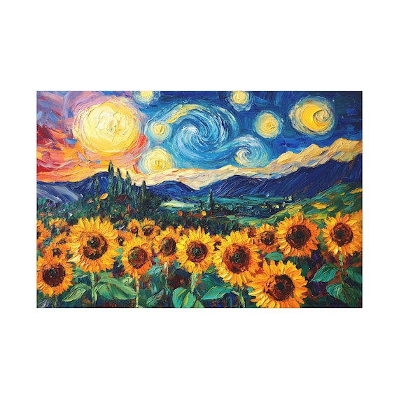 ひまわり畑と丘の風景、ゴッホ風の油絵、キャンバスウォール