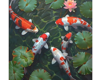 5 koi fish swimming in the pond with lotus on oil painting on canvas wall art print. Koi fresh water fish painting for home decor. Feng shui
