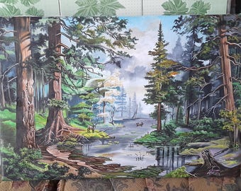 Original Beautiful Forest Landscape With Small River Oil Painting, Handmade. Pines forest Painting o Canvas Wall Art Decor. 60X40 cm.
