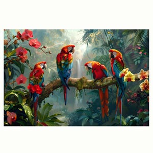 Beautiful parrots and orchid flower closed waterfall on the forest of oil painting on canvas wall art print. Nice parrot bird as home decor.