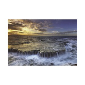 Sunset And Small But Large Waterfall On The Sea Close The Beach On Canvas Wall Art Print. Yellow Sunset For Home Decor And Office.
