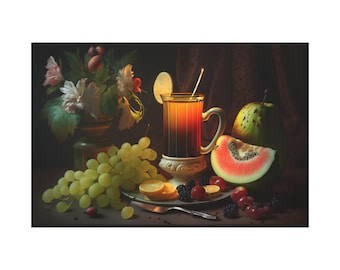 Still Life Fruit and Tea Matte Canvas. Tea Time Delights. Fruit Flower Oil Painting style For Wall Art Print. Fruit poster For Home Decor
