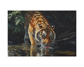 Bengal Tiger Drinking Oil Painting Animal Decor on Canvas Wall Art Print, Tiger Wall Decor, Large Tiger Artwork, Wildlife Home Decoration.