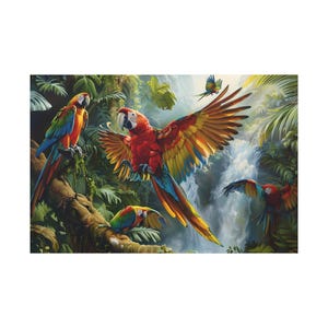 A parrot flaps its wings to land on a branch in tropical forest of oil painting on canvas wall art print. Nice parrots bird for home decor.