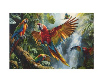 A parrot flaps its wings to land on a branch in tropical forest of oil painting on canvas wall art print. Nice parrots bird for home decor.