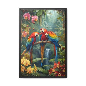 Beautiful 3 parrots and small waterfall on the forest of oil painting on canvas wall art print. Cute parrot bird painting for home decor.
