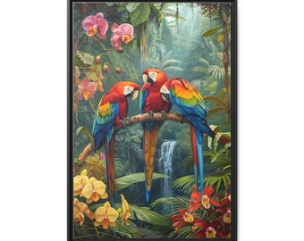 Beautiful 3 parrots and small waterfall on the forest of oil painting on canvas wall art print. Cute parrot bird painting for home decor.