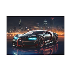 Black Red Bugatti Chiron On the Road On The Night On Classic Canvas print. Cool Bugatti Chiron Super Car Poster Wall Art For Home Decor