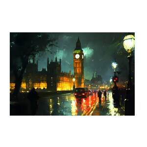 Canvas Print, London Street With Big Ben On The Night Oil Painting, Wall Art, Stretched Matte Canvas, 25&quot; - Home Decor, Gift Idea,
