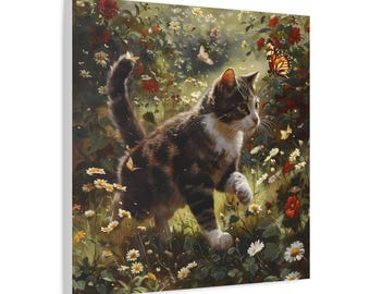 花畑で蝶を追いかける可愛い猫の油絵（キャンバスウォールアート
