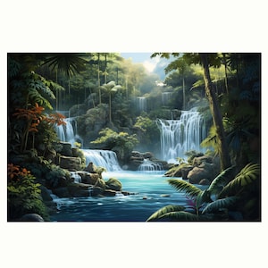 Waterfall on Tropical Forest Oil Painting On Classic Canvas Wall Art. Beautiful Waterfalls At The Day Poster For Home Decor.