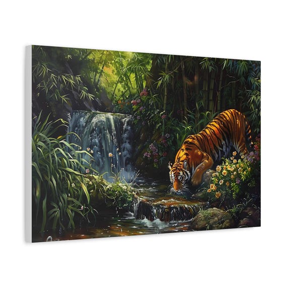 Canvas Wall Art Print - Bengal Tiger Drink Water Oil Painting