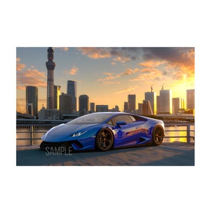Un auto lamborghini huracan azul en la ciudad y puesta de sol en arte de pared de descarga digital. Hermosa foto del súper auto lamborghini para decoración del hogar.