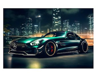 Green Dark Mercedes AMG GT R Parked with skyscrappers of Tokyo City at The Night. Beautiful Mercedes Supercar Poster For home Decor. Jpg