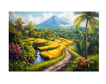 Canvas Wall Art Print, Landscape of Rice Field and Tropical Mountain Oil Painting, Home Decor, Bali Art, Nature Lover Gift