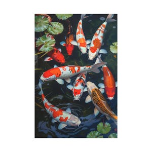 A collection of 9 koi fish in clear pond on backyard on oil painting on canvas wall art print. Feng Shui in koi fish painting for home decor